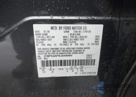 2020 Ford Edge St from USA, damaged, VIN 2FMPK4AP9LBA96964